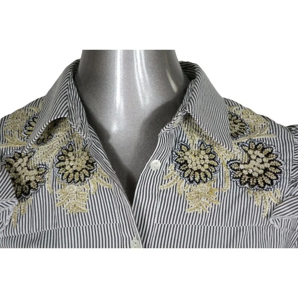 Suno NWT Grey Embroidered Metallic Shirt 2 Ruffle Button Longsleeve Blouse Top - Picture 2 of 6